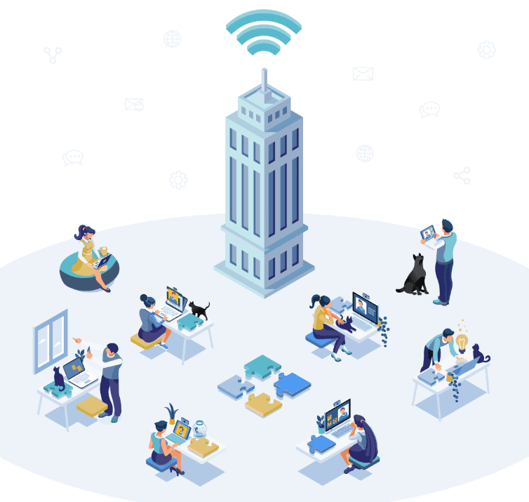 A large building with an internet connection coming from the top