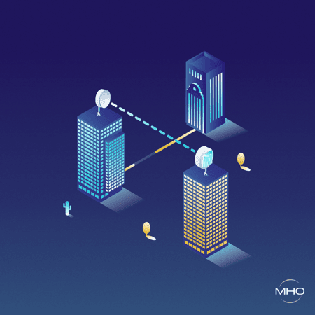 isometric image of three buildings wireless connection between buildings