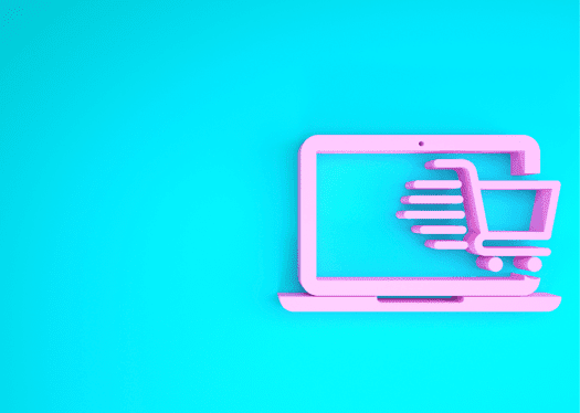 Blue background with pink outline of laptop and a shopping cart