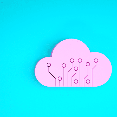 Blue background with a pink cloud with circuit board outlines running through it