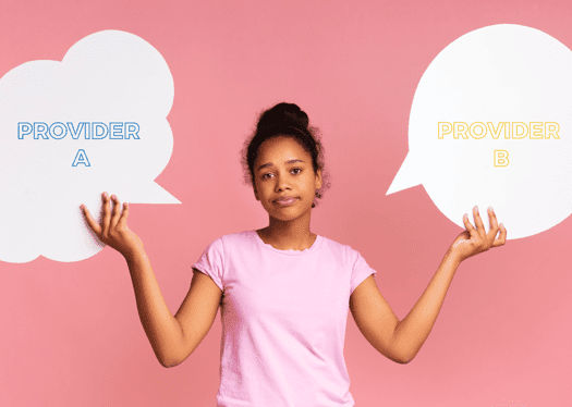 A girl holing word bubbles in either hand, one reading Provider A and the other reading Provider B