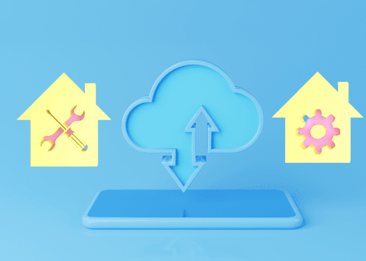 Tablet with a cloud above it and two home icons on either side with tools and setting logos