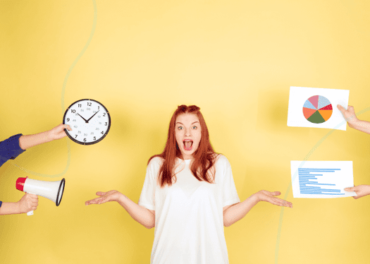 Yellow background with woman holding up hands